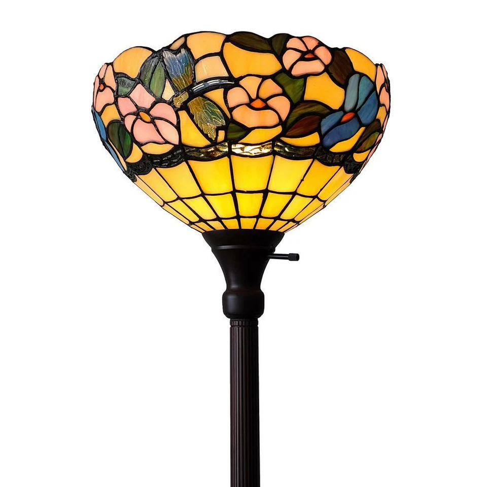 Lámpara de pie Amora Lighting antorcha luz ascendente estilo Tiffany colibríes florales Foto 1 de 4