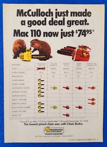 1978 McCULLOCH MAC 110 CHAIN SAW ORIGINAL COLOR PRINT AD "BEAVER'S CHOICE AWARD" - Picture 1 of 1
