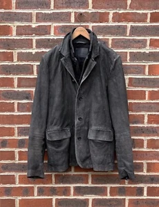 All Saints Mens SURVEY Leather Blazer Jacket XL Grey Brown Biker Bomber Suede - Picture 1 of 11