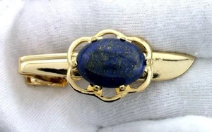1 4/5 INCH 18x13 OVAL LAPIS GEMSTONE SWORD GOLD COLOR TIE CLIP TIE BAR EPTT3 - Picture 1 of 3