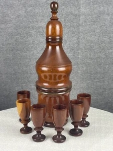Vintage Handmade Wood Decanter with set of 6 wooden goblets 16 inches tall - Picture 1 of 18