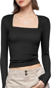 PUMIEY Women's Square Neck Long Sleeve T Shirts Slim Fit Tops Basic Tee Smoke L - Picture 1 of 8