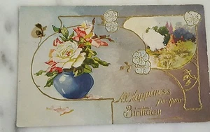 Antique "All Happiness For Your Birthday" Embossed Floral Bouquet Postcard - Picture 1 of 4