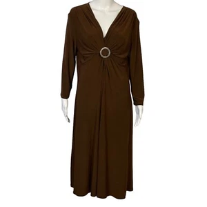 Evan Picone Brown Stretch Long Sleeve Ruched V Neck Career Classic Dress Sz 14 - Picture 1 of 8