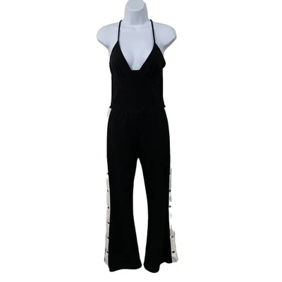 MadRag Size S Jumpsuit Y2K Black Tuxedo Stripes Track Fashion Snap Legs Baddie - Image 1 of 4