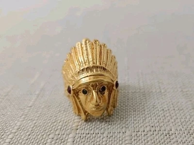 Vintage 18k Gold Plated Indian Chief Head Ring With Rhinestones Size 9 - Image 1 of 4