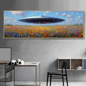 Panoramic Alien Spaceship in Floral Field Canvas Print Wall Art Home Decor - Picture 1 of 6