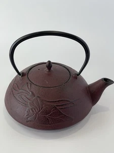 Japanese Cast Iron Tetsubin Volcanic Red Teapot With Leaves Design Heavy - Picture 1 of 11