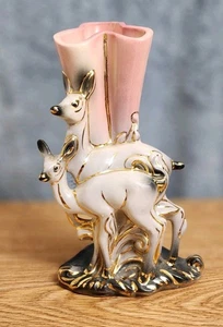 Hull USA Pottery Pink, Ivory, Gold & Black Two Deer Vase #57 MCM 8” Tall - Picture 1 of 10