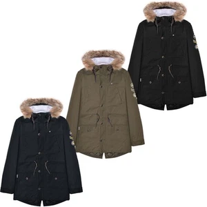 Lambretta Mens Parka Long Sleeve Zip Up Faux Fur Hooded Warm Winter Jacket Coat - Picture 1 of 19