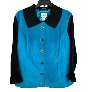Live a Little Women's Jacket Size 3X Suede / Knit Blue and Black Snap Closure - Picture 1 of 6