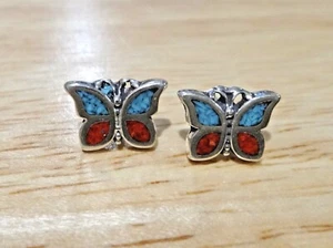 Sterling Silver TINY 7x10mm Red & Blue Stone Inlaid Butterfly Studs Earrings! - Picture 1 of 3