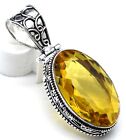 925 Sterling Silver Yellow Citrine Gemstone Jewelry Vintage Pendant Size-1.80"