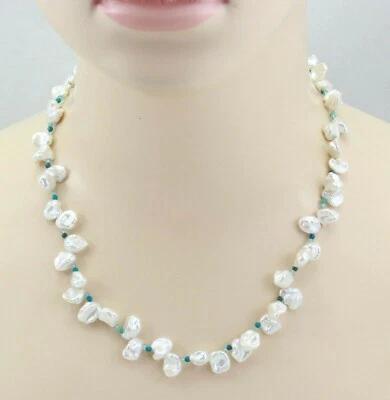 Perlenkette - weiße Keshi Süßwasserperlen mit Peridot & Apatit Halskette 46 cm  - Bild 1 von 2