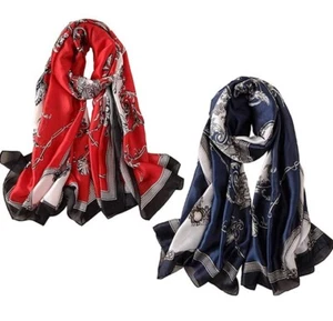Pack of 2 silky 100% polyester satin scarfs red & blue. 70"x35". New. - Picture 1 of 6