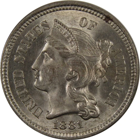 1881 Nickel Three Cent Piece BU Choice Uncirculated 3c Coin SKU:I7322 Cover