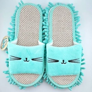 NWT Kitty Face Turquoise Blue Mop Slippers Cat Lady One Size - Picture 1 of 2