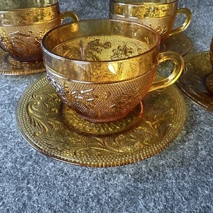 Vintage 1970 Indiana Glass Tiara Amber Sandwich Glass ~ Four Cup and Saucer Sets - Picture 1 of 24
