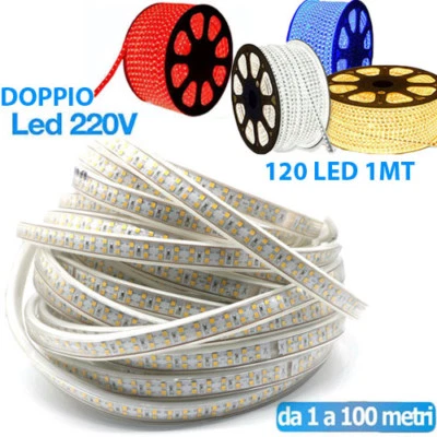 STRISCIA LED STRIP DOPPIO LED 5050 3014 INTERNO ESTERNO 220V BOBINA 1MT A 100 MT - Immagine 1 di 3