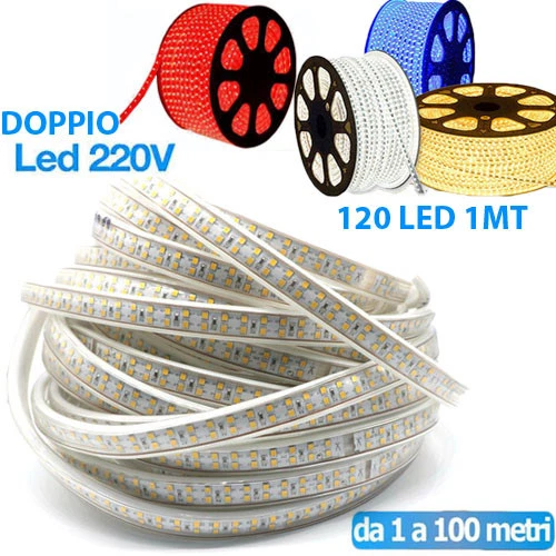 STRISCIA LED STRIP DOPPIO LED 5050 3014 INTERNO ESTERNO 220V BOBINA 1MT A 100 MT - Immagine 1 di 3
