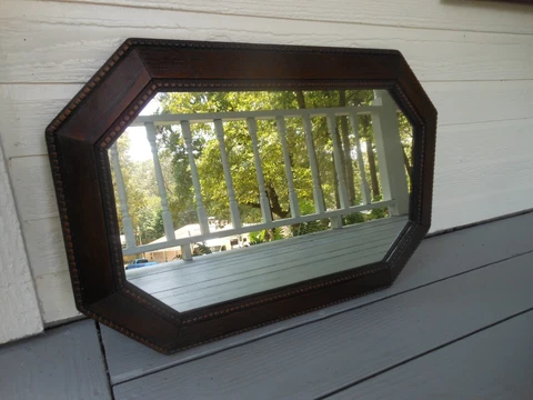 Nice Older Oak Framed 8-Sided Mirror W/Double Beaded Trim From England 27" X 18" Cover