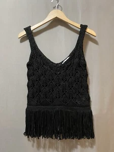 NWOT ZARA Women Crochet Chunky Open Knit Fringe Hem Sweater Tank Top SZ S Black - Picture 1 of 9