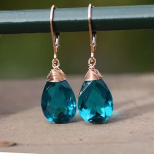 Lab Made Teal Tourmaline Earrings Wire Wrapped Briolette Rose Gold Filled - Picture 1 of 4
