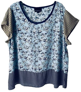 Cynthia Rowley Top Womens 2X Round Neck Cap Sleeves Blue Tan Graphic Blouse - Picture 1 of 5