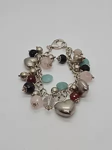 "Brazalete colgante de cuentas de piedra facetada corazón hinchado de plata esterlina de 7,5" - Imagen 1 de 5
