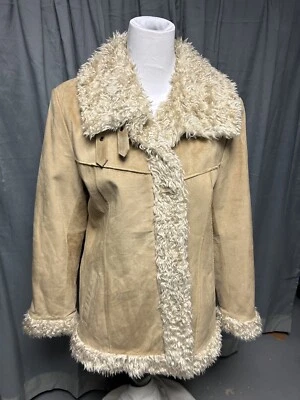 复古 Esprit 棕褐色麂皮绒皮革人造毛皮领大衣 L 码女式状况完好 — 第 1/4 张图片