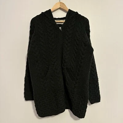 Aran Crafts 100% Merino Wool Sweater Women's Med Green Hooded Cable Sweater - Image 1 of 4