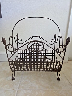 Vintage Wrought Iron Scroll Magazine Rack Fireplace Log Holder - French Country - Image 1 of 4