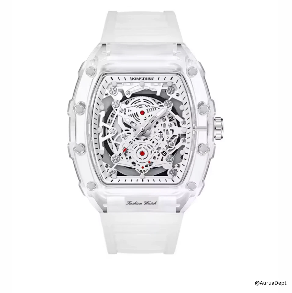 Reloj Hombre Cuarzo Esqueleto Transparente - Correa Blanca, Diseño Barril, Impermeable Foto 1 de 3