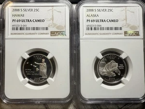 2008 S Silver 25c Alaska & Hawaii NGC PF69 Ultra Cameo, 2-coin set - Picture 1 of 4