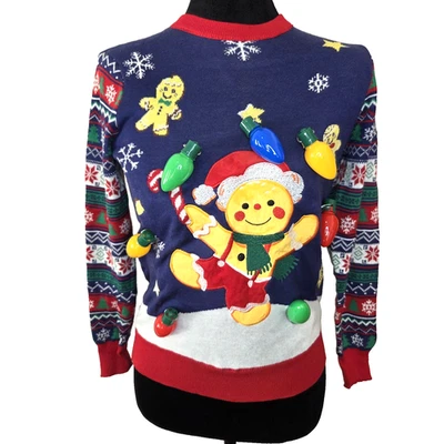 Light Up Holiday Ugly Sweater Kids 14 Ginderbread Man - Image 1 of 4