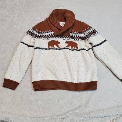 Janie and Jack Antique White Brown Bear Fair Isle Knit Shawl Collar Sweater 4 - Image 1 of 4