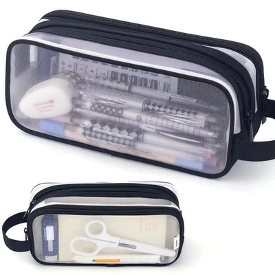 Large Capacity Clear Mesh Pencil Case Stationery Storage Pen Bag Boys Girls - Image 1 of 4