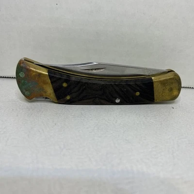 Vintage Buck 110 Hunter Folding Knife USA Brass & Wood (Read) Broken Blade Tip - Image 1 of 4