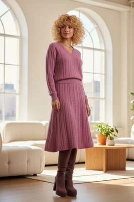 Conjunto de 2 piezas de falda midi y suéter tejido muave rosa boho vintage años 70-80 pequeño Foto 1 de 4