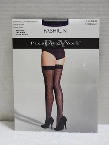 LACE TOP THIGH HIGH DIAMOND DOT BACK SEAM STOCKINGS JET BLACK TALL PRESTON YORK - Picture 1 of 4