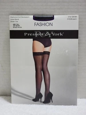 LACE TOP THIGH HIGH DIAMOND DOT BACK SEAM STOCKINGS JET BLACK TALL PRESTON YORK - Image 1 of 4