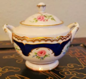 Royal Worcester Charlotte Cobalt Gold Encrusted Cabbage Rose Sugar Bowl Lid Set! - Picture 1 of 17