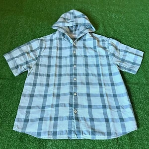 Zara Kids Button Up Short Sleeve Blue Check Print Hooded Casual Shirt Size 13-14 - Picture 1 of 16