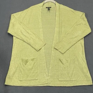 Eileen Fisher Large Organic Linen Ribbed Knit Cardigan Green Canary Pockets Open - Picture 1 of 5