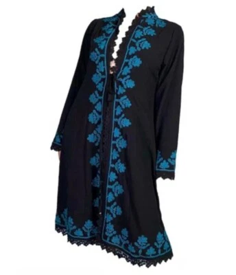 Soft Surroundings Negro Teal GRANDE Bordado Padma Negro Plumero Chaqueta Bata EC Foto 1 de 4