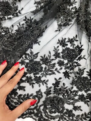 Tela de encaje negro por yarda bordada floral ENCAJE CUENTAS festoneado para vestido Foto 1 de 4