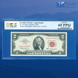 Fr.1513 1963 $2 Two Dollars Legal Tender Note Red Seal, PCGS GEM 65 PPQ #92999 - Picture 1 of 2