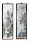 Pair Porcelain plaque Wooden frame Mountain landscape Wang Yeting. Marke...