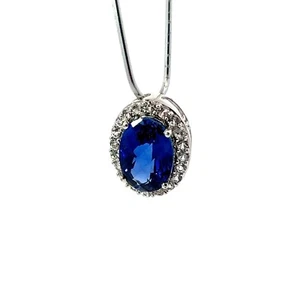 Argento Sterling Blu Zaffiro & Creato IN Laboratorio Bianco Halo Slide Ciondolo - Foto 1 di 6