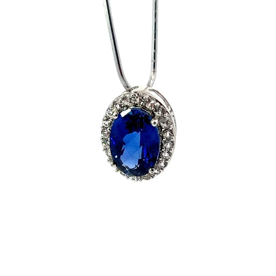 Argento Sterling Blu Zaffiro & Creato IN Laboratorio Bianco Halo Slide Ciondolo - Immagine 1 di 4